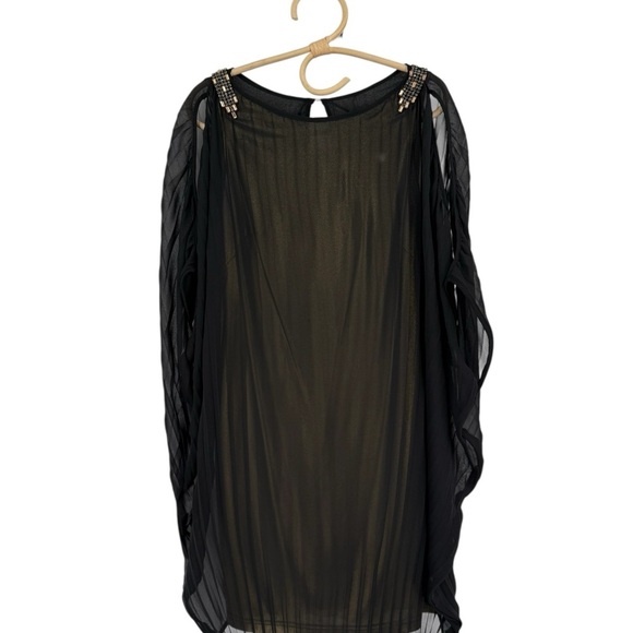 Aidan Mattox Black Sheer Pleated Gold Metallic Knee Length Cocktail Dress 2 - Picture 2 of 16